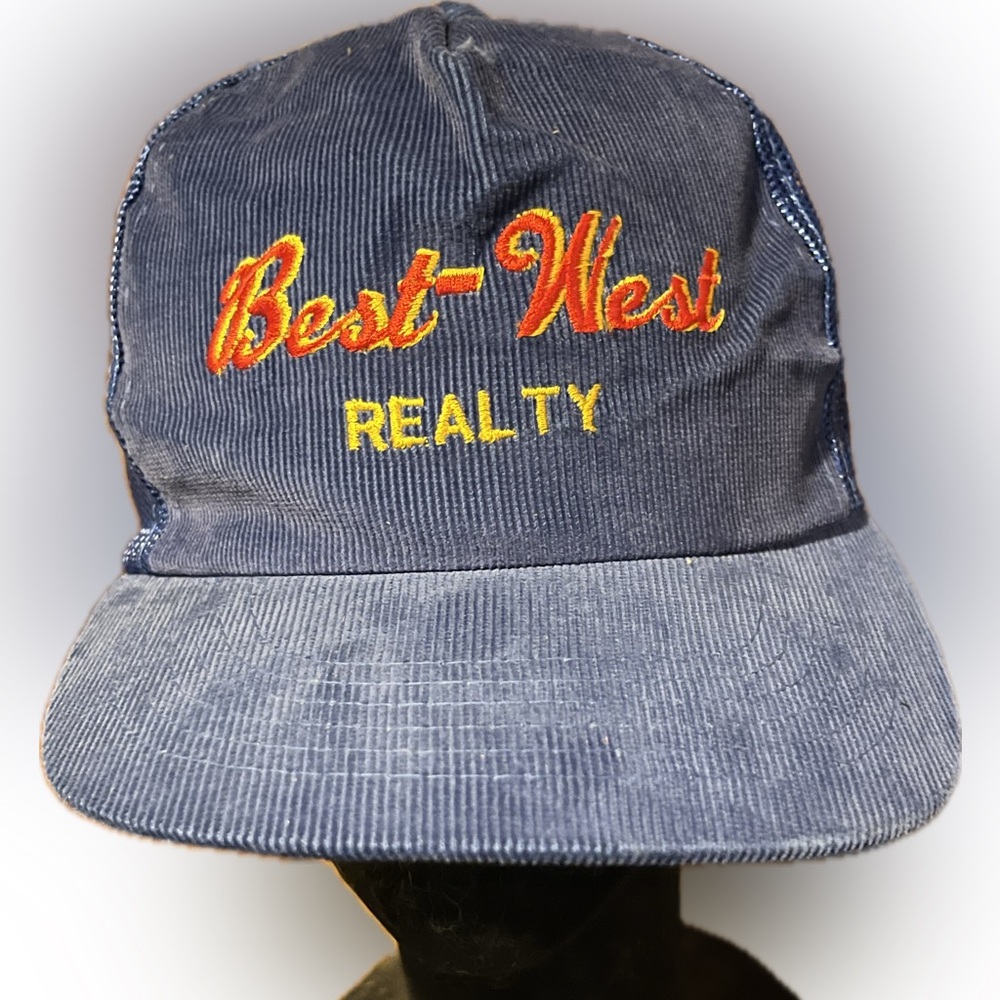 Vintage Best-West Realty Corduroy Trucker Hat – Blue Mesh Cap